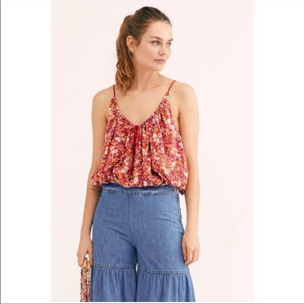 Free People Daisy Babe Red Floral Bubble Tank Top Boho Festival Y2K Indie Folk